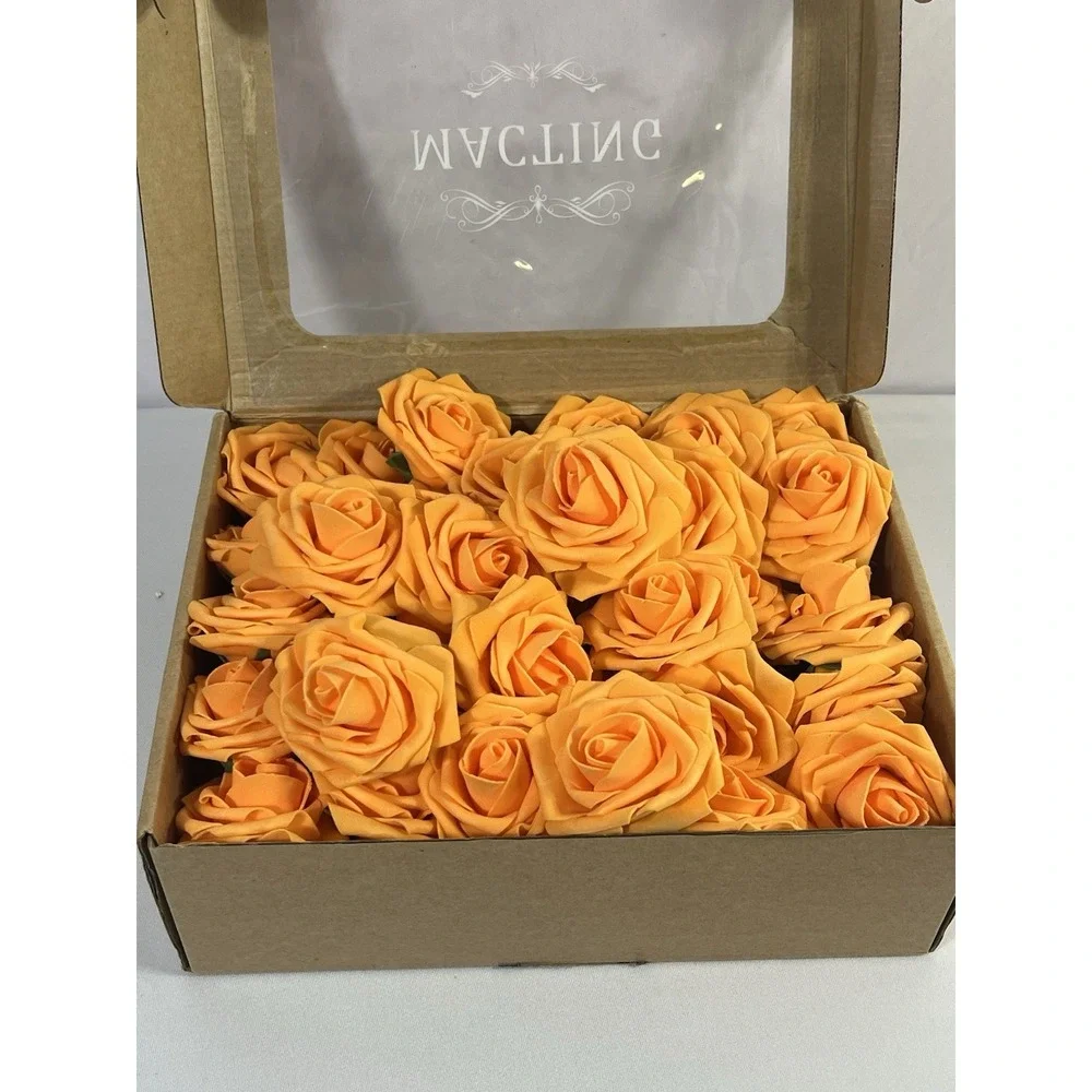 Artificial Rose Flowers 54 Pc Real Touch Fake Flowers with Stem Orange Faux Foam